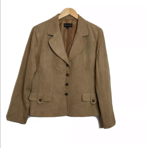 Studio I Womens Button Front Blazer Suit Jacket Tan Size 14 Long Sleeves Classic - Picture 1 of 9